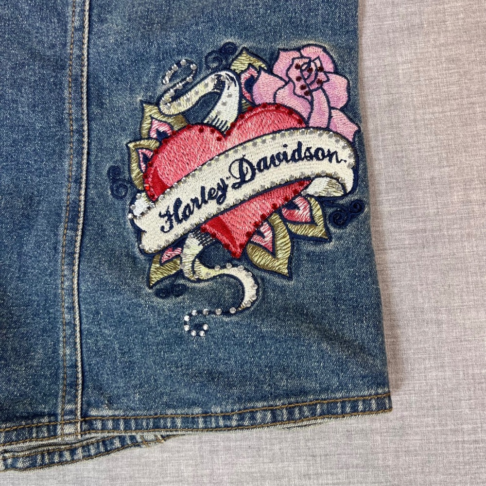 Vintage Y2K Harley Davidson Womens Denim Corset Top Zip Front Lace Up Back Large - Picture 6 of 10
